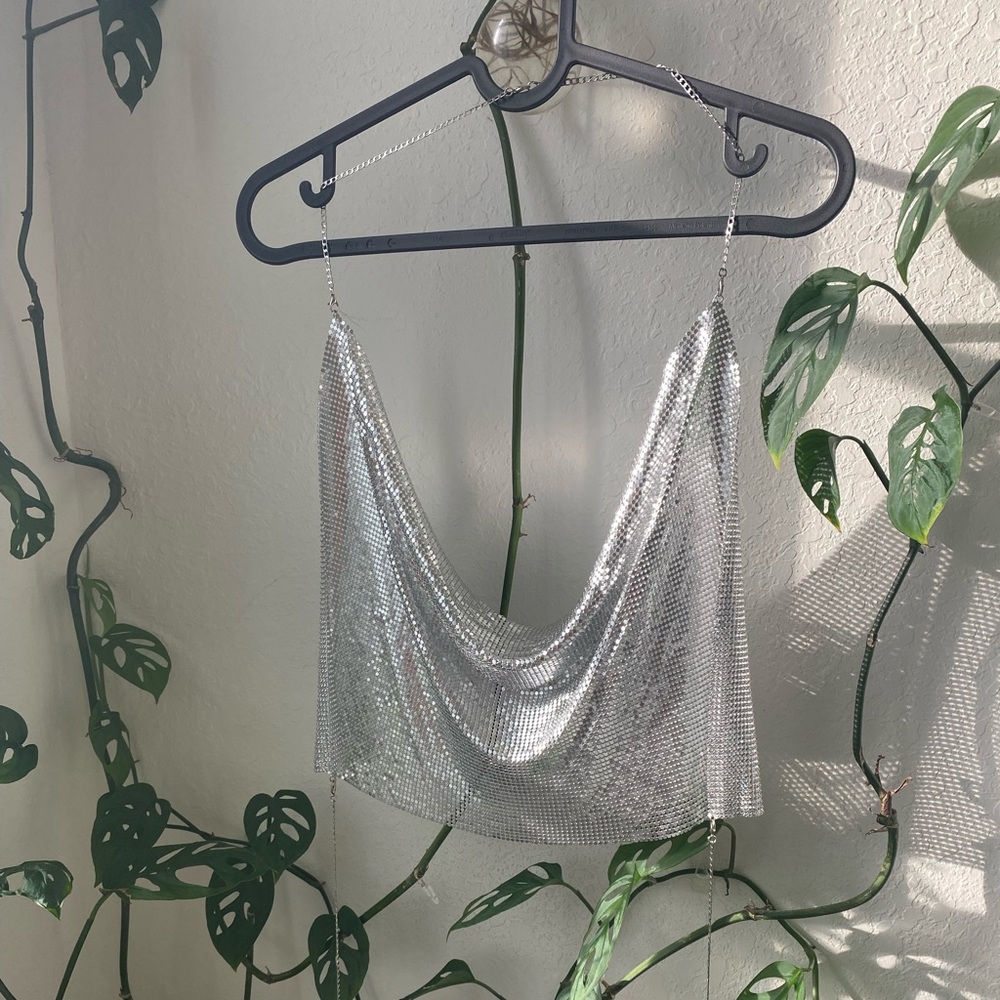 Chain metal Cowell neck halter top